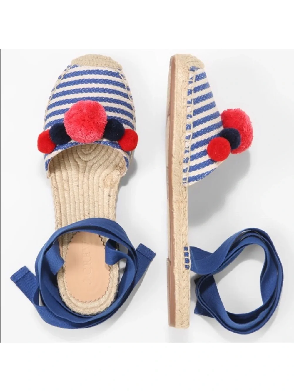 J. CREW Blue White Striped Canvas w/ Pink Pom Pom Ankle Wrap Espadrilles Flats